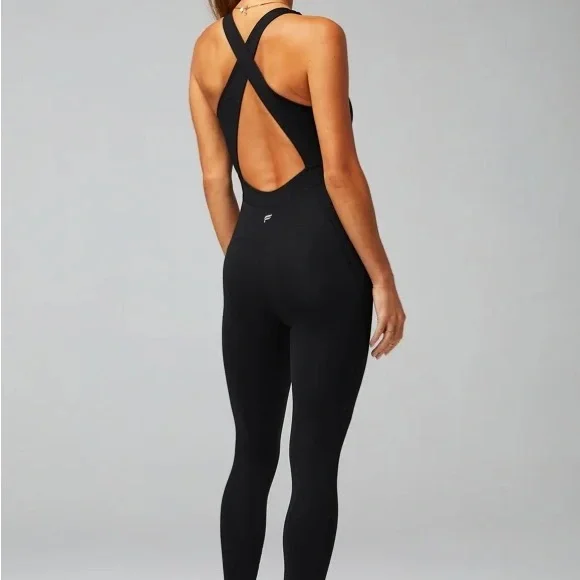 NWT Fabletics Twist Front Oasis Jumpsuit Black Workout One Piece - Picture 2 of 7